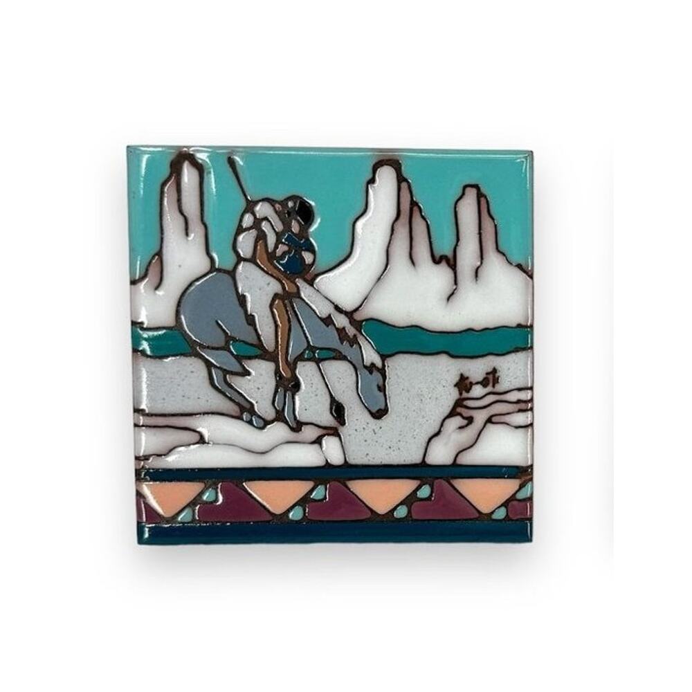 Ceramic glazed tile southwestern desert horse rider art wall 4x4 made in Italy
